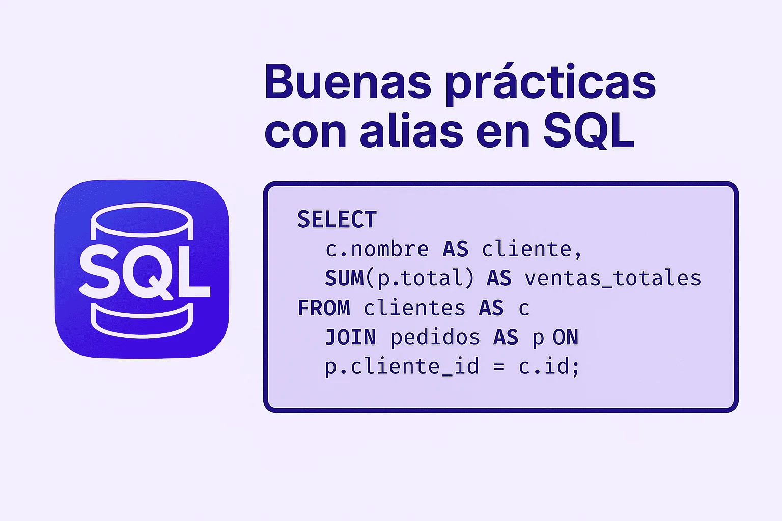 Imagen educativa sobre alias en SQL que muestra el código SELECT c.nombre AS cliente, SUM(p.total) AS ventas_totales FROM clientes AS c JOIN pedidos AS p ON p.cliente_id = c.id;, ilustrando buenas prácticas en el uso de alias.