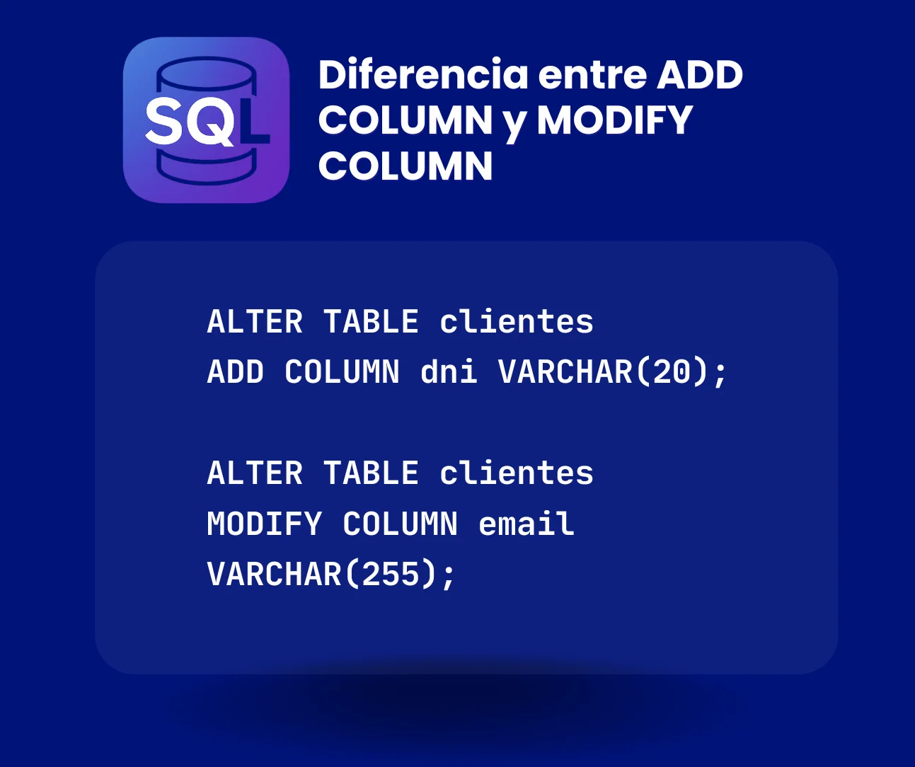 Imagen con código SQL que compara ALTER TABLE ... ADD COLUMN dni VARCHAR(20); frente a ALTER TABLE ... MODIFY COLUMN email VARCHAR(255); para ilustrar la diferencia entre agregar y modificar columnas en una tabla.