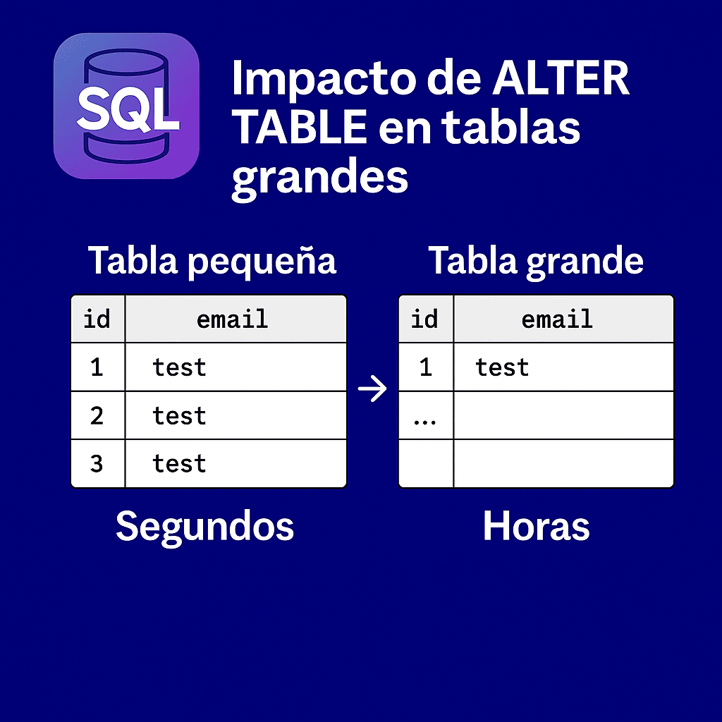 Infografía en español que compara el rendimiento de ALTER TABLE en SQL: en una tabla pequeña con pocas filas la operación se ejecuta en segundos, mientras que en una tabla grande con muchos registros puede demorar horas.