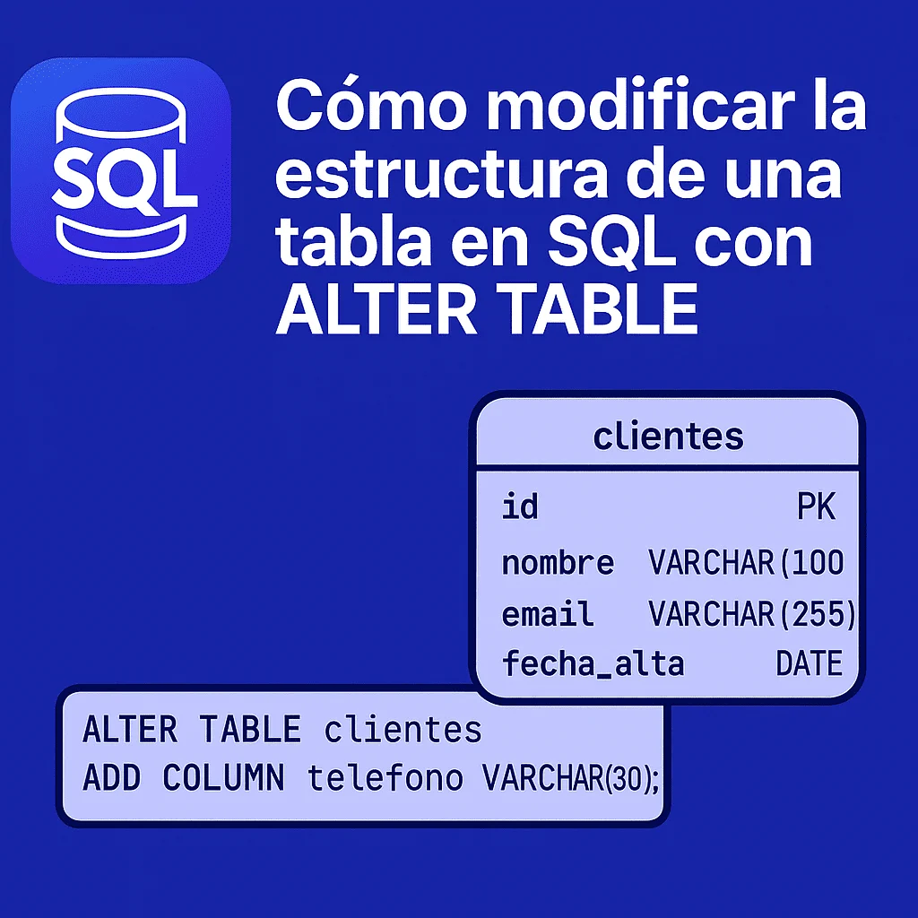 Imagen educativa en colores azul y violeta que muestra una tabla clientes con las columnas id, nombre, email y fecha_alta, junto a la consulta SQL ALTER TABLE clientes ADD COLUMN telefono VARCHAR(30);, representando cómo modificar la estructura de una tabla en SQL.
