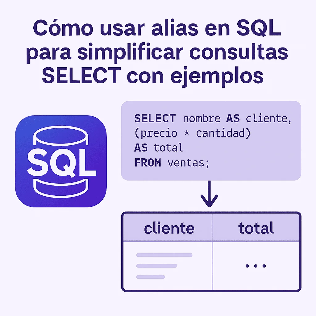 Imagen explicativa sobre alias en SQL, con ejemplo de código SELECT nombre AS cliente, (precio * cantidad) AS total FROM ventas; y resultado en tabla con encabezados claros “cliente” y “total”.